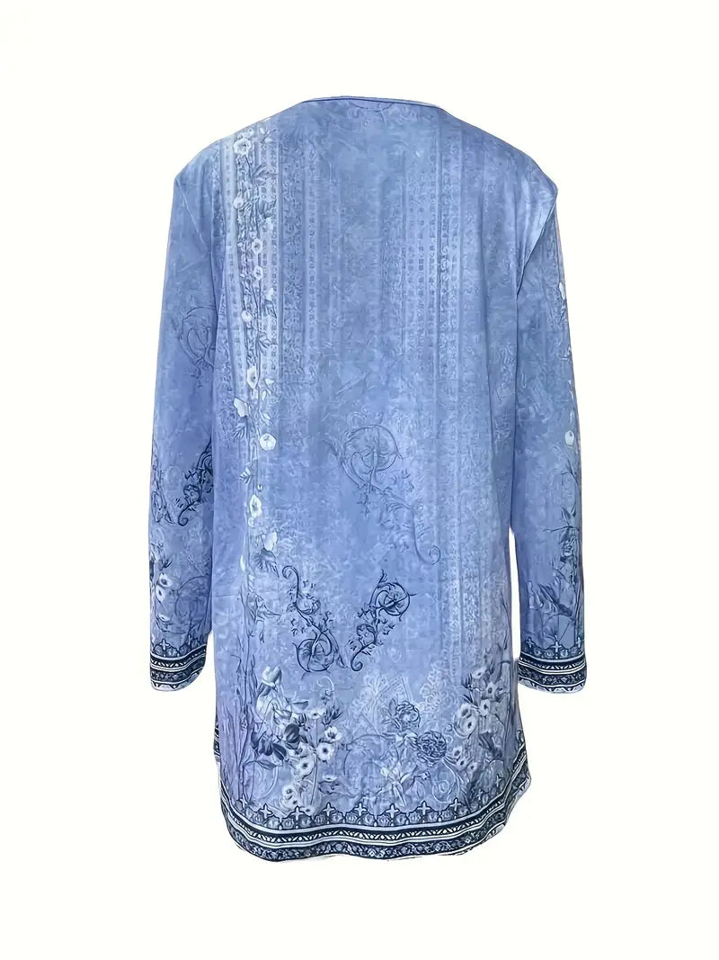 Spring and Autumn New Women'S Top Printed Cardigan Casual Long Sleeve Light Jacket Blue