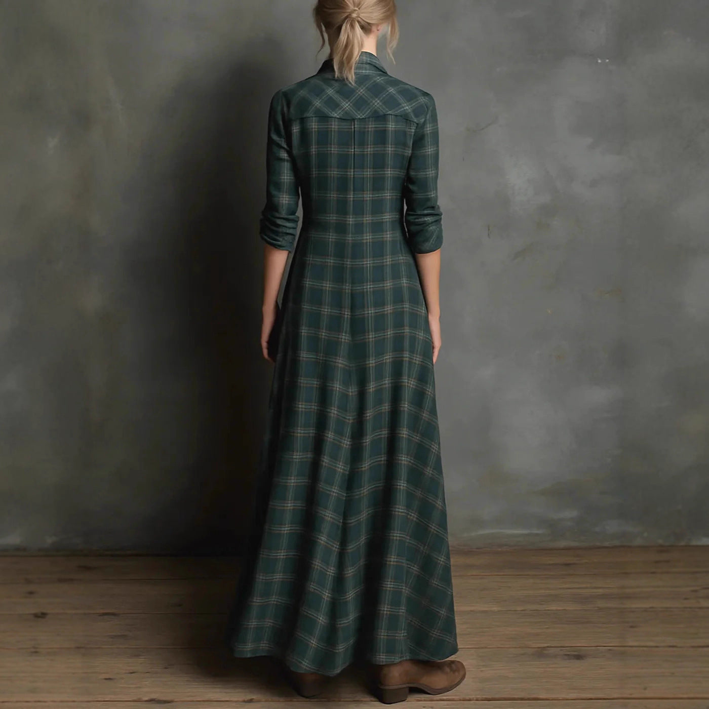 Casual Long Sleeve Lapel Plaid Long Dress
