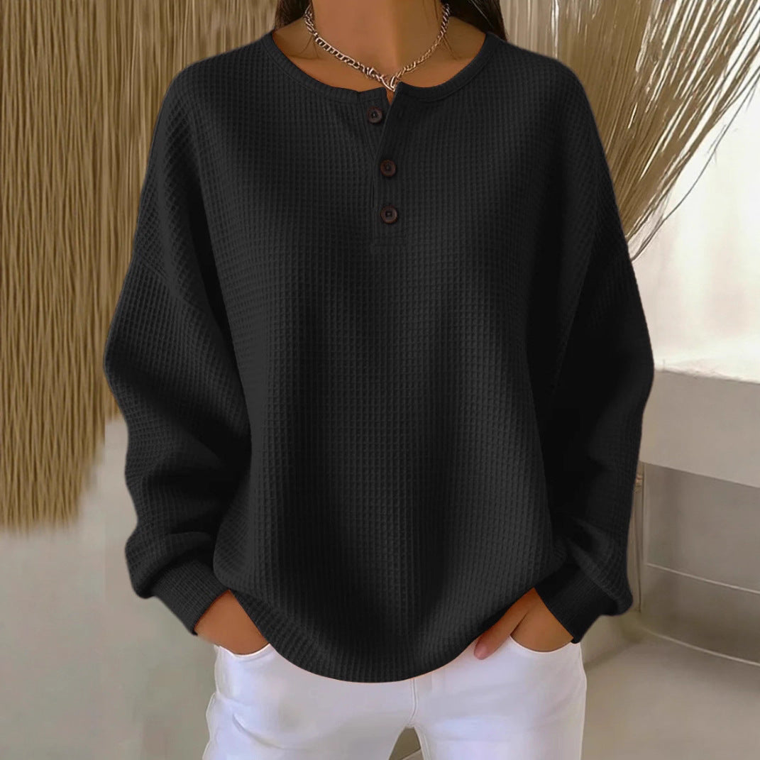 Fashion round Neck Waffle Solid Color Pullover Loose Top