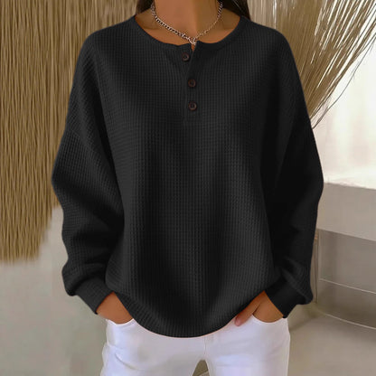 Fashion round Neck Waffle Solid Color Pullover Loose Top