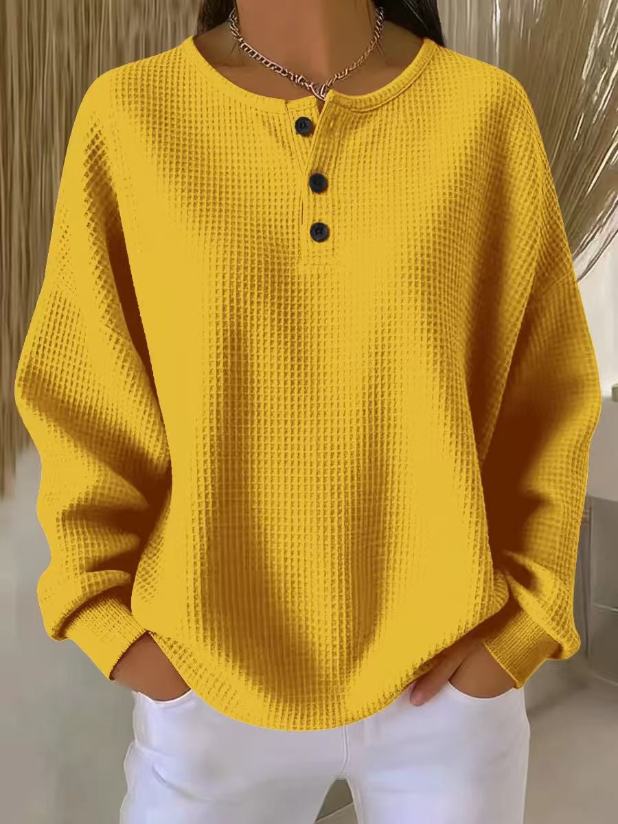 Fashion round Neck Waffle Solid Color Pullover Loose Top