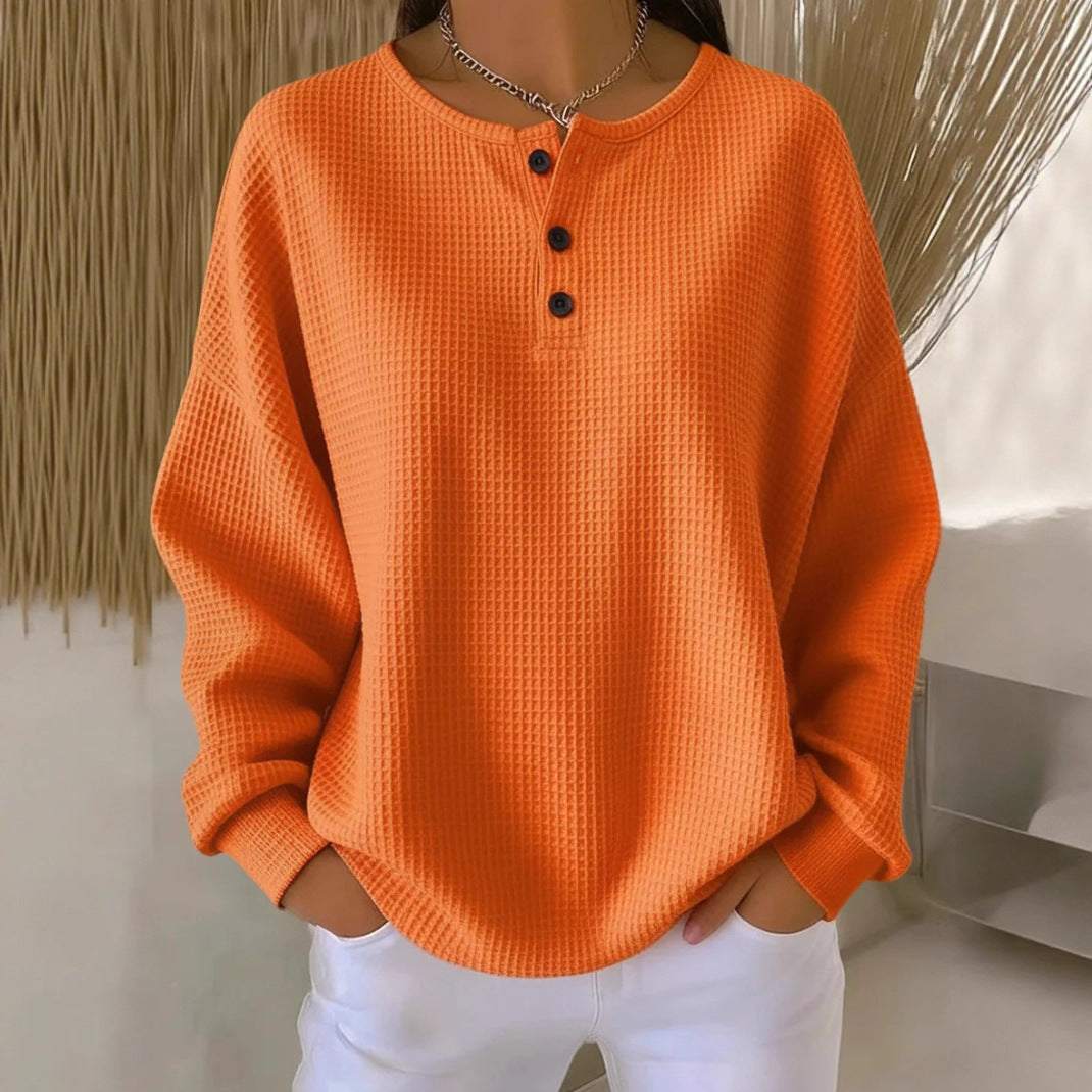 Fashion round Neck Waffle Solid Color Pullover Loose Top