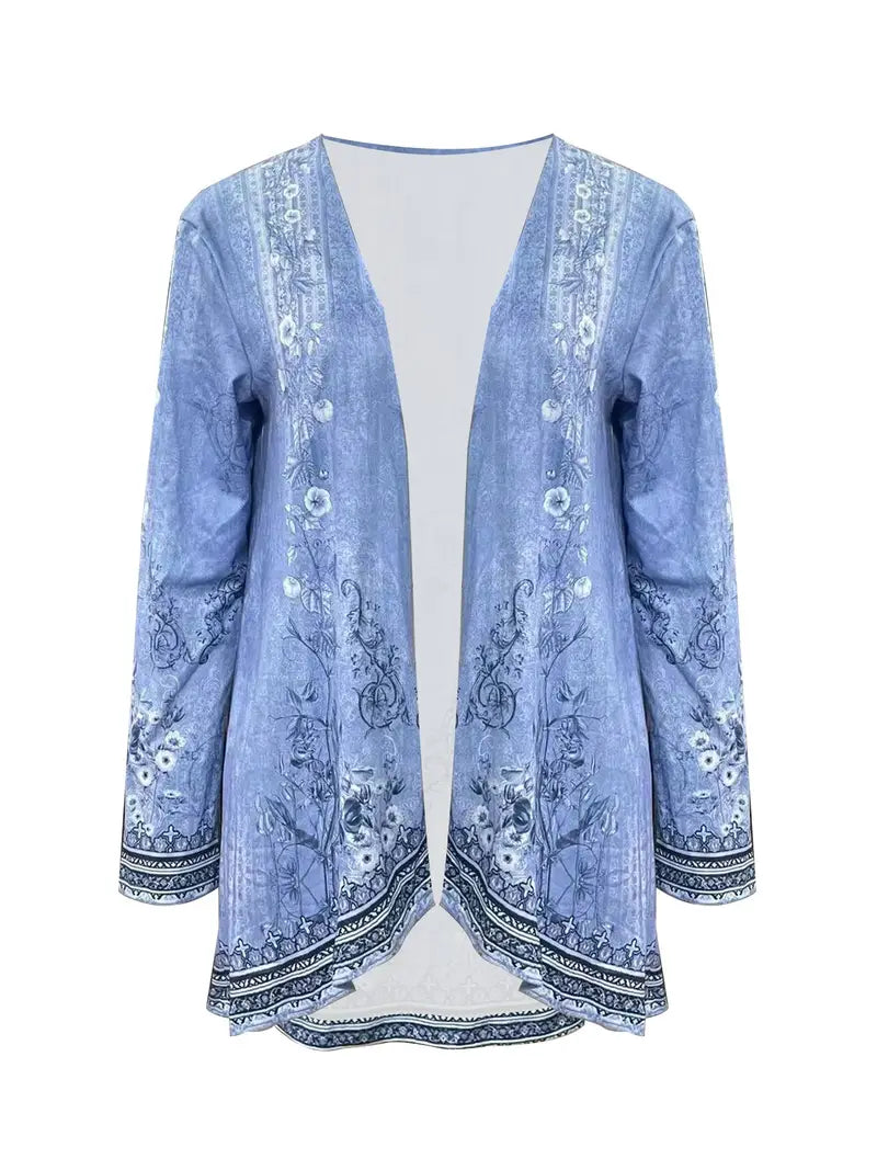 Spring and Autumn New Women'S Top Printed Cardigan Casual Long Sleeve Light Jacket Blue