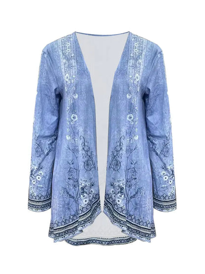 Spring and Autumn New Women'S Top Printed Cardigan Casual Long Sleeve Light Jacket Blue