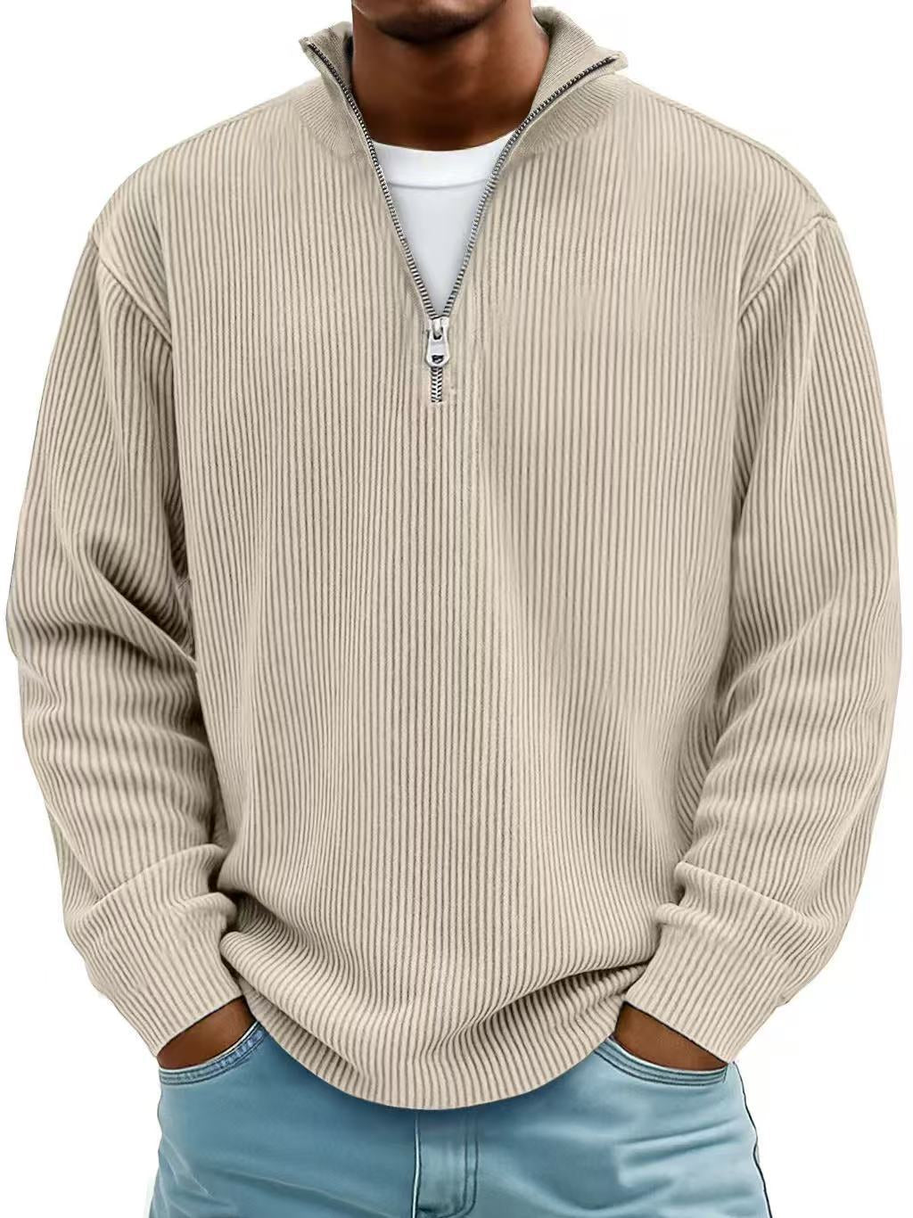 Casual Ribbed Stand Collar Zipper Corduroy Long Sleeve
