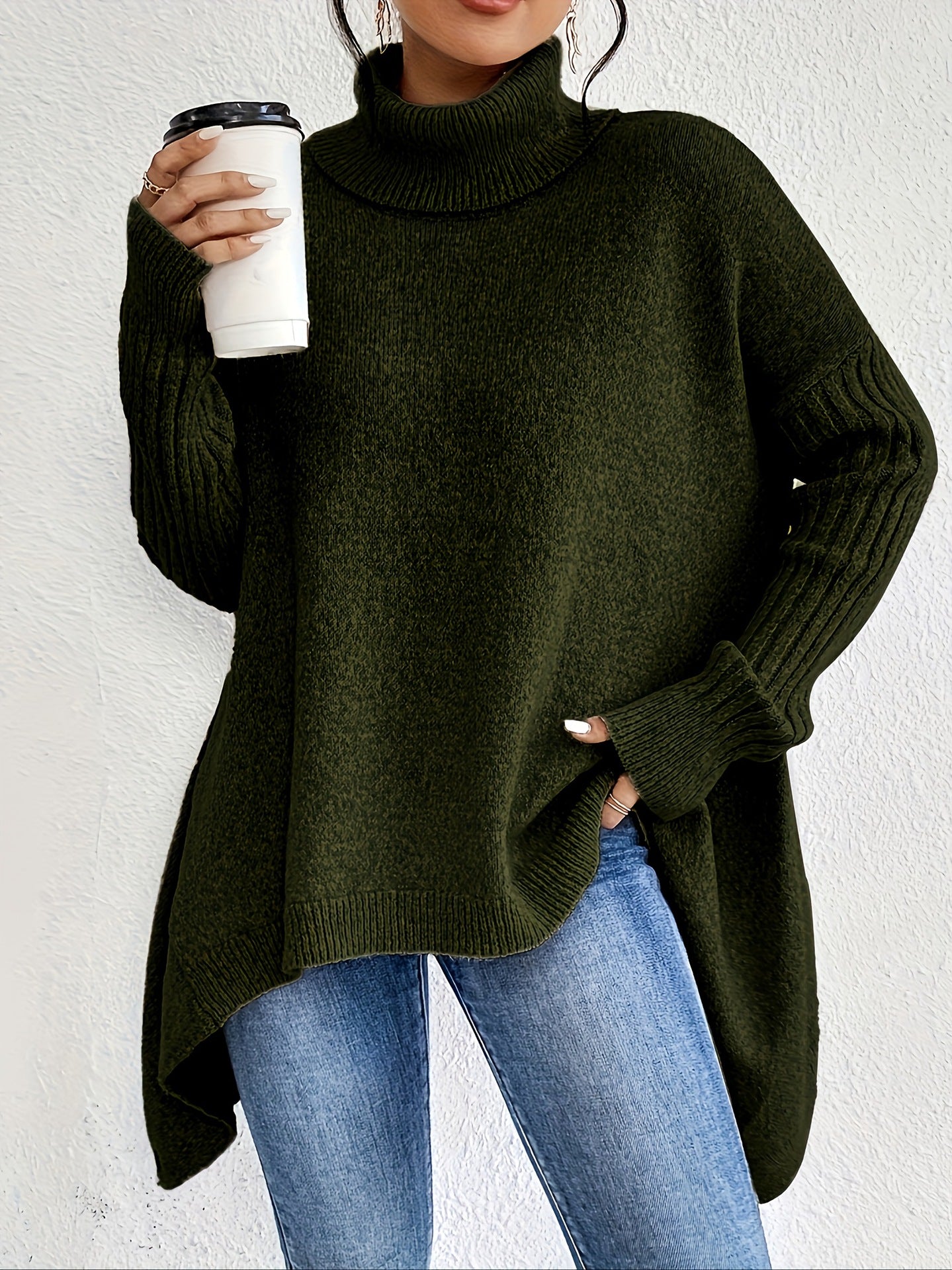 Irregular Turtleneck Sweater Winter Loose Long Sleeve Knitted Tops Leisure Warm Pullover Sweater Women'S Clothing