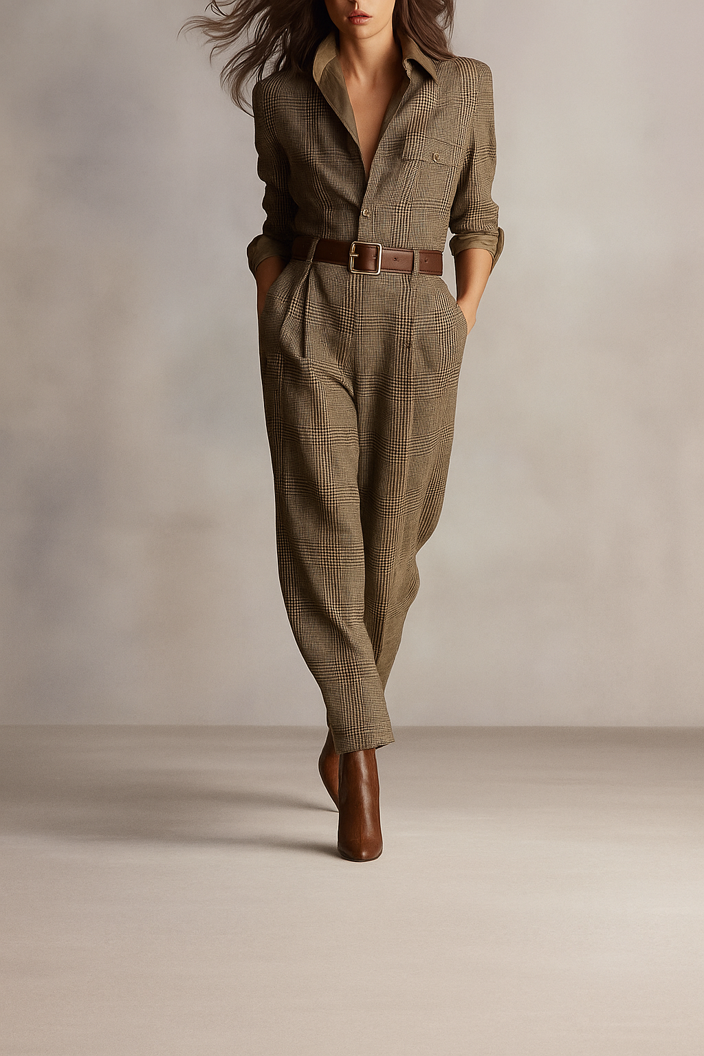 Lonneke™ | Bruine Tweed Utility Jumpsuit