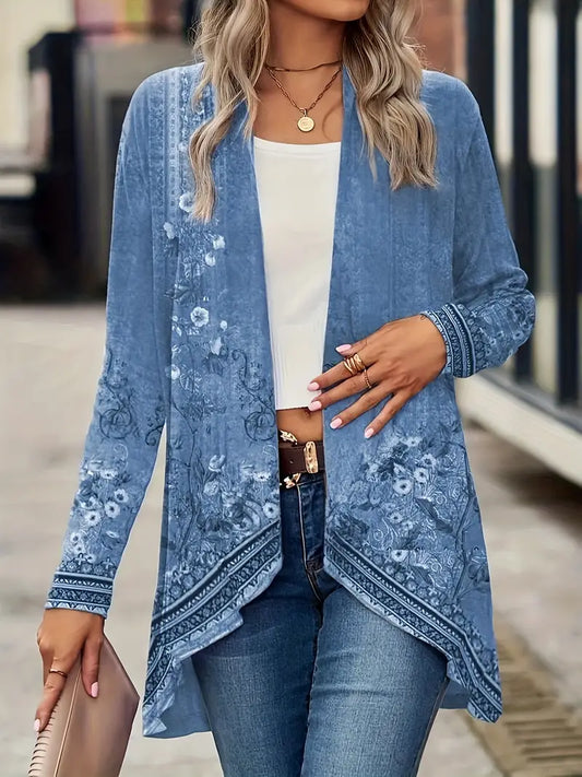 Spring and Autumn New Women'S Top Printed Cardigan Casual Long Sleeve Light Jacket Blue