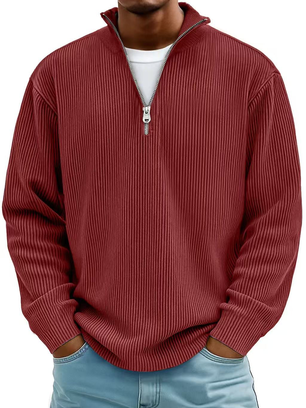 Casual Ribbed Stand Collar Zipper Corduroy Long Sleeve