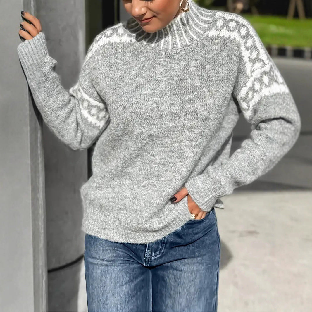 Women'S Turtleneck Contrast Color Loose Pullover