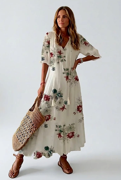 Liva™ | Elegante Fluwelen Bloemen Maxi Jurk